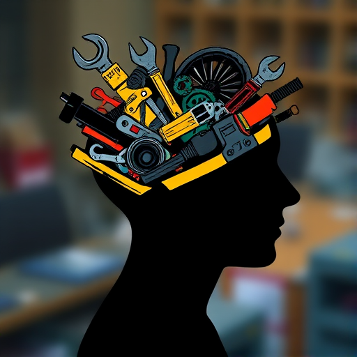 Create an illustration of a silhouette of a head with a brain, filled with various tools and mechanical parts spilling out of a toolbox, using a high-resolution digital camera in 50mm lens, f/2.8 aperture, ISO 100, soft natural lighting, and a depth of field to create an artistic blur in the background for enhanced image quality.