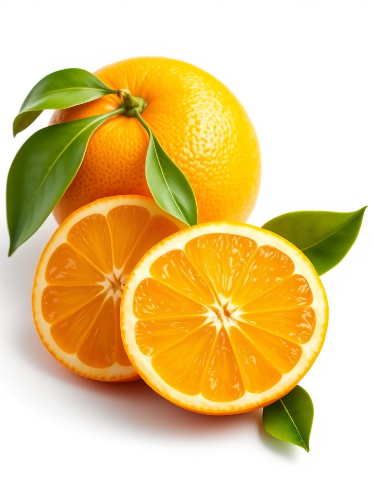 Create an illustration of two whole oranges with one sliced in half, showcasing their vibrant yellow color and green leaves, captured in high resolution with a macro lens at f/2.8, using a soft-focus background to emphasize the fruit, in a studio lighting setup with natural illumination.