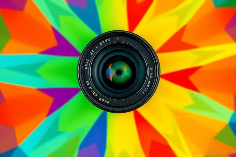 Generate a vibrant, abstract design featuring a camera lens at the center with colorful geometric patterns radiating outward, using a DSLR camera with a 50mm lens, aperture f/1.8, ISO 100, and a 1/100 sec shutter speed, shot from a top-down perspective for enhanced detail and clarity.
