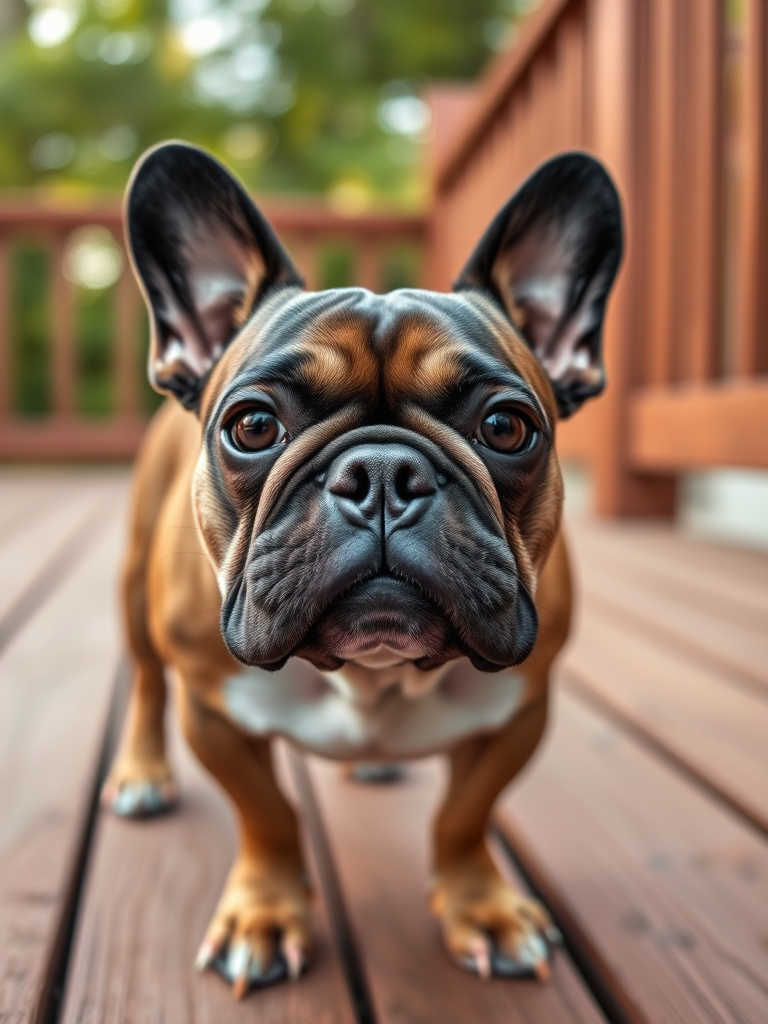 Capture a close-up shot of a French Bulldog standing on a wooden deck with a blurred background, using a DSLR camera, 50mm lens, aperture f/1.8, exposure time 1/200s, ISO 100, natural lighting, and a shallow depth of field for enhanced focus on the dog.
