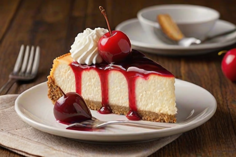 Create an image of a slice of cheesecake with a cherry topping. The cheesecake should have a creamy texture and a graham cracker crust, with a glossy layer of cherry glaze drizzled over the top. The background should be a simple wooden table setting, with a fork placed beside the slice on a plate.