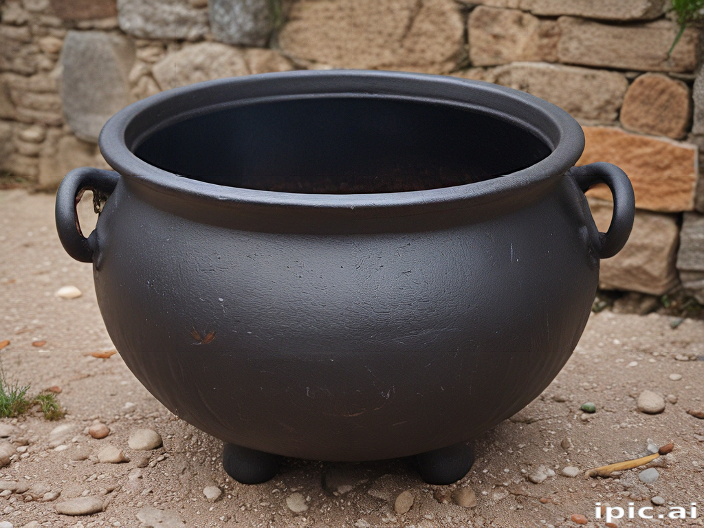 A Large Classic Black Cauldron Set Against a Rustic Stone Wall A Large Classic Black Cauldron Set Against a Rustic Stone Wall