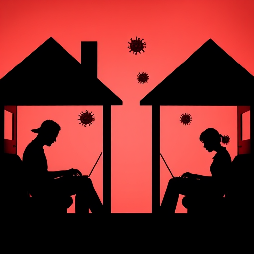 Create a high-contrast silhouette image of two individuals working on laptops inside separate houses, depicting social distancing with virus symbols floating around, shot with a DSLR camera at f/8 aperture, 1/250 sec shutter speed, ISO 100, using a wide-angle lens from a low perspective.