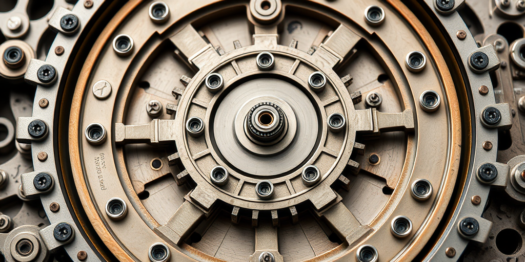 Generate a high-resolution image of an intricate mechanical design featuring circular patterns and interlocking elements, captured with a DSLR camera at f/8, ISO 100, 1/250s, using a macro lens for detailed close-up, and a top-down viewpoint to accentuate the symmetry and depth.