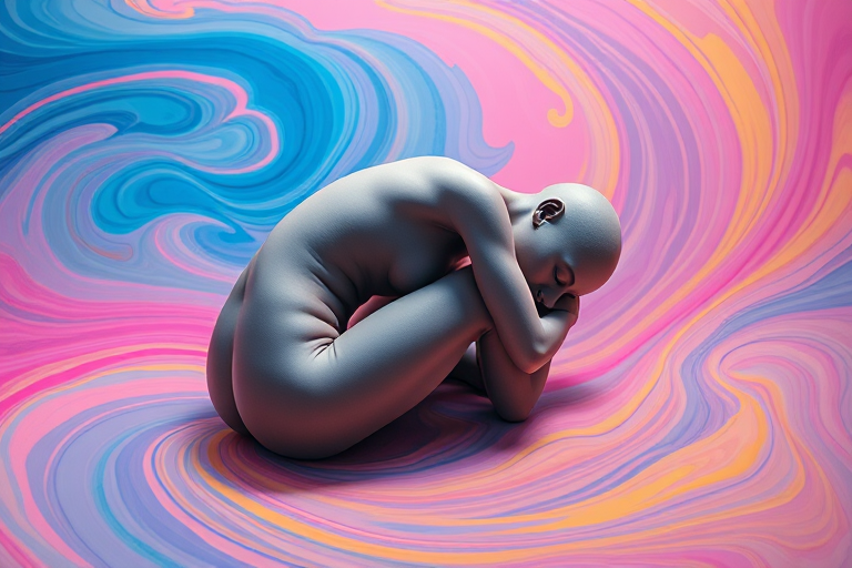 Create a high-resolution image of a stylized human figure curled up in a vibrant, abstract environment with swirling colors of blue, pink, and yellow, captured with a Canon EOS R5 at f/2.8, ISO 100, 35mm lens, shot from a slightly elevated angle to enhance depth and detail.