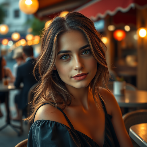 photo of young [woman:Ana de Armas:0.4], highlight hair, sitting outside restaurant, wearing dress, rim lighting, studio lighting, looking at the camera, dslr, ultra quality, sharp focus, tack sharp, dof, film grain, Fujifilm XT3, crystal clear, 8K UHD, highly detailed glossy eyes, high detailed skin, skin pores