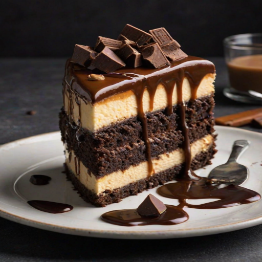 Create an image of a decadent dessert featuring layers of chocolate cake and creamy cheesecake, topped with a rich caramel sauce and chocolate chunks. The dessert should look indulgent and inviting, with a slice cut out to showcase the layers. Include a dark, moody background to enhance the dessert's appeal.