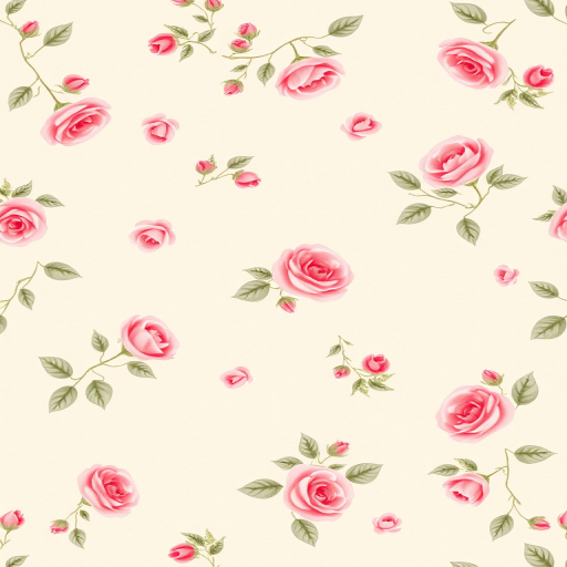 Create a seamless floral pattern with small pink roses and buds scattered on a light beige textured background. The design should have a delicate and vintage feel with a balanced arrangement of flowers and leaves.