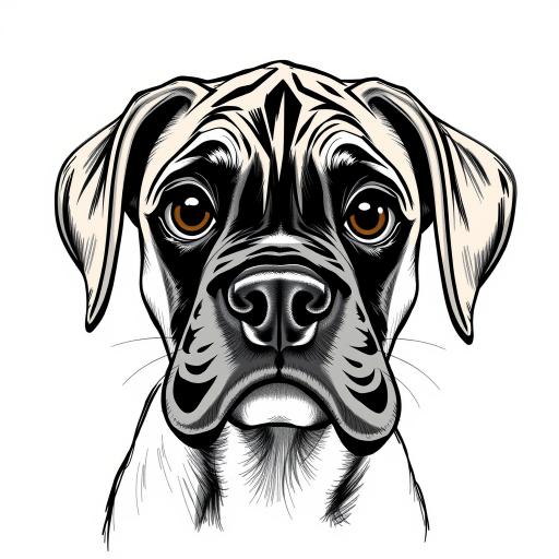 A doodle style pencil sketch illustration of a beautiful young Boxer dog, with large eyes and exaggerated facial features. White background