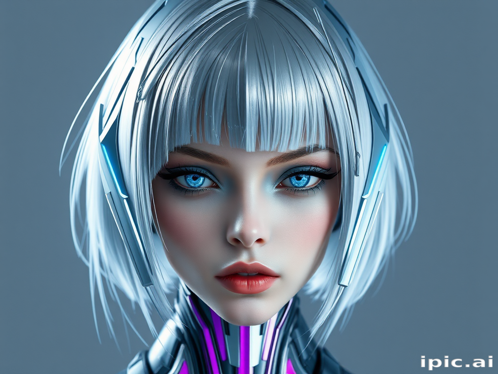 Mesmerizing metallic silver-haired android with a futuristic, geometric bob featuring sharp angles and holographic accents