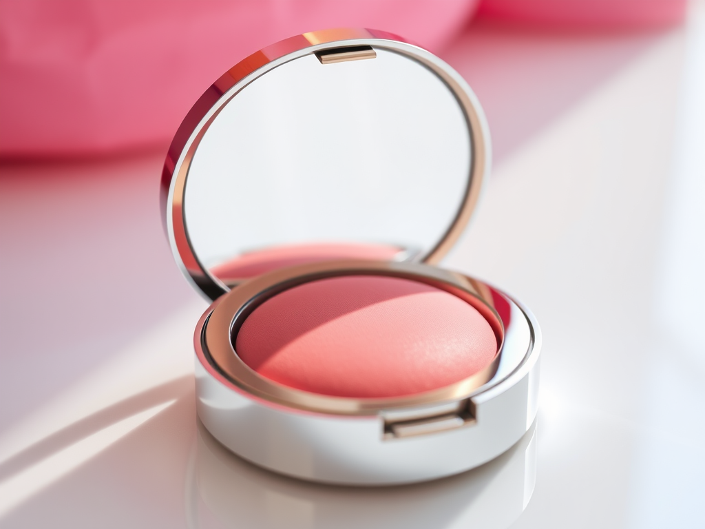 create a high-resolution digital illustration of an open cosmetic compact with a mirror reflecting soft light, focus on the smooth texture of the blush, use a 50mm lens at f/2.8 for shallow depth of field, capture in bright daylight with a softbox for even lighting