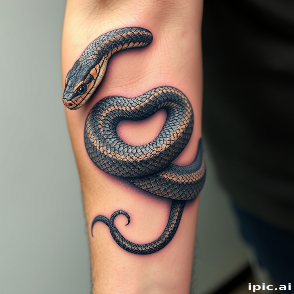 Hyperrealistic 3D snake tattoo coiling around the arm, with incredibly detailed scales and lifelike textures creating the illusion of a living creature on the skin