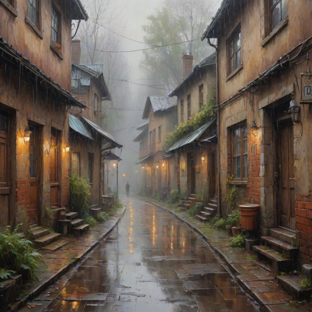 rainy day house painting, fine art painting, fantasy art, 4K, 3D, HDRi, detailed oil painting, high definition art, expressive rustic oil painting, foggy alley, soft focus