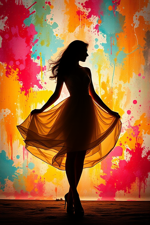 Create an ethereal silhouette of a figure in a flowing dress against a vibrant, abstract background with splashes of color, using a DSLR camera with a 50mm lens, aperture set to f/1.8, ISO 200, and soft lighting for a dreamy effect.
