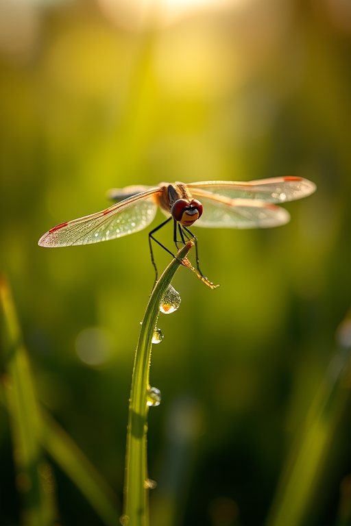 Sharp, detailed close-up of a dragonfly perched on a blade of grass, soft sunlight reflecting off its delicate wings, tiny dewdrops clinging to the grass, and the feeling of a quiet, early morning in nature.