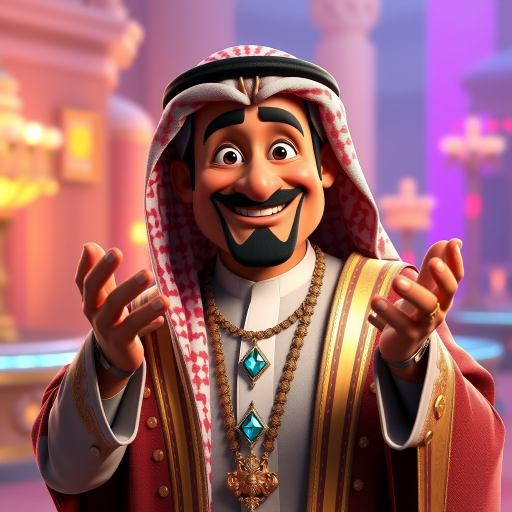 Create a 3D rendering of a wealthy Arab male sheikh from Dubai, inspired by the Disney animation style. The sheikh must have a smile and a playful but wise character. Place your character in an atmosphere of wealth and luxury. The image must be in high resolution format. Dynamic pose above the waist, gesturing with hands (Pixar Art style)++ highly detailed digital painting, art stations, concept art, soft focus, hard focus, illustrations. cinematic, visual effects, HDR, Unreal Engine 5, ray tracing, soft light, 8k, high detail, sparkling backlighting, luxury gem, game art, 3d, cartoon, colorful, magical, mysterious