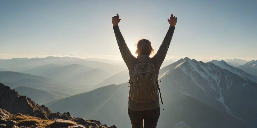 Blurry action shot of a hiker reaching the summit of a mountain, arms raised in victory, soft focus on the distant peaks, soft light from the early morning sun casting long shadows, and the feeling of accomplishment and freedom.