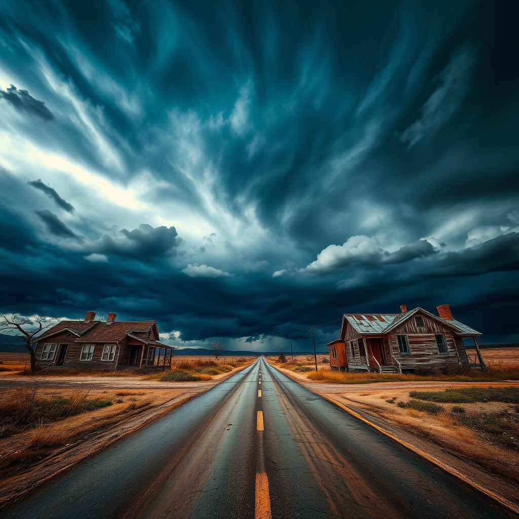 Generate a dramatic landscape of a stormy sky with dark clouds swirling above abandoned, dilapidated houses on a deserted road, shot with a Canon EOS R5, 24-70mm f/2.8 lens, ISO 100, f/8, shutter speed 1/125 sec, in HDR style, wide-angle view.