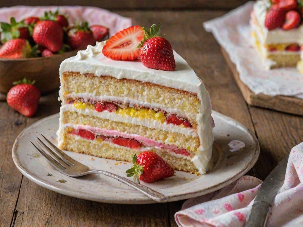 Create an image of a slice of layered cake with pink and yellow sponge layers, topped with white frosting and garnished with fresh strawberries. The background should feature a rustic wooden table with more strawberries and a soft, pastel-colored cloth.