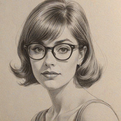 Dazzling Natalie Dyer, pencil sketch, portrait of Splendid woman 1960s in glasses, hair style beatnik, outline, clear lines, fine lines, 8k