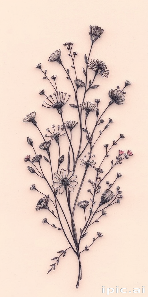 Delicate fine line botanical tattoo called "Whispers of Spring" featuring exquisitely detailed renderings of various wildflowers and herbs intertwining in a loose organic composition hairline-thin strokes capture the delicate nature of each petal and leaf creating a soft ethereal quality that appears almost translucent on the skin