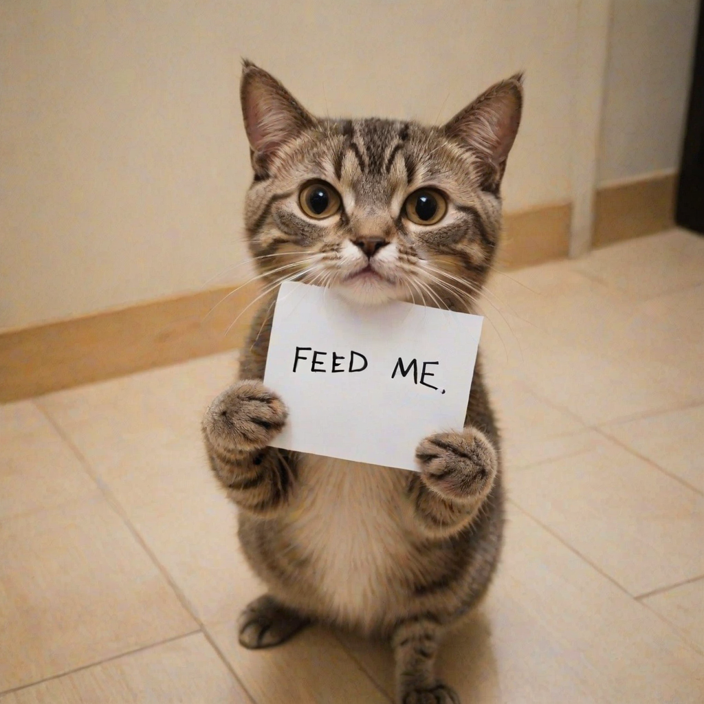 cat holding a note which says "FEED ME"