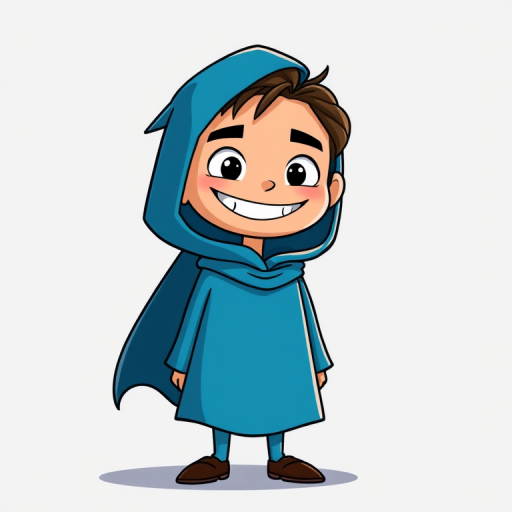Create a cartoon character with an exaggerated smile, wearing a long flowing blue cloak, set against a simple gradient background, captured with a DSLR camera at f/2.8, ISO 100, 50mm lens, top-down view, in high contrast style.