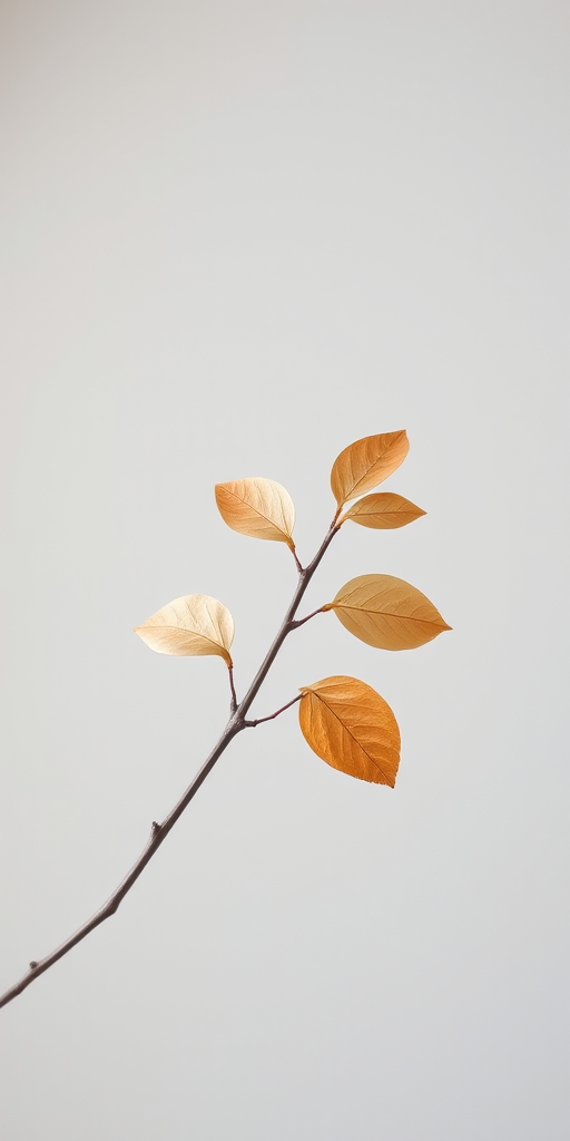 A single delicate branch with five light brown and cream leaves against a plain background, captured with a Canon EOS R5, 50mm f/1.2 lens, aperture f/2.8, ISO 100, natural light, macro photography style.