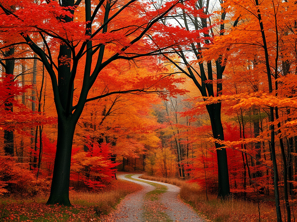 autumn forest with orange and red leaves, two trees framing a winding path, soft daylight, high resolution, DSLR camera, 50mm lens, f/8 aperture, ISO 100, shot at eye level, vibrant color enhancement
