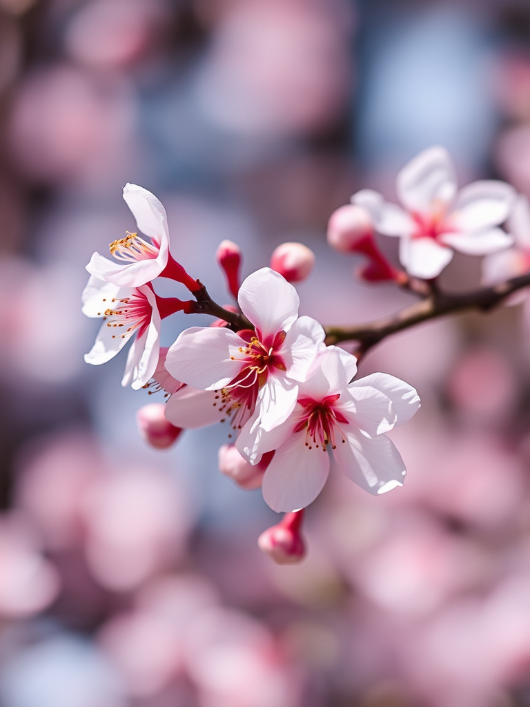 macro view of cherry blossoms on a branch with soft focus background, aperture f/2.8, shutter speed 1/100s, ISO 200, using a DSLR camera with a 60mm macro lens, natural light for enhanced color saturation and detail