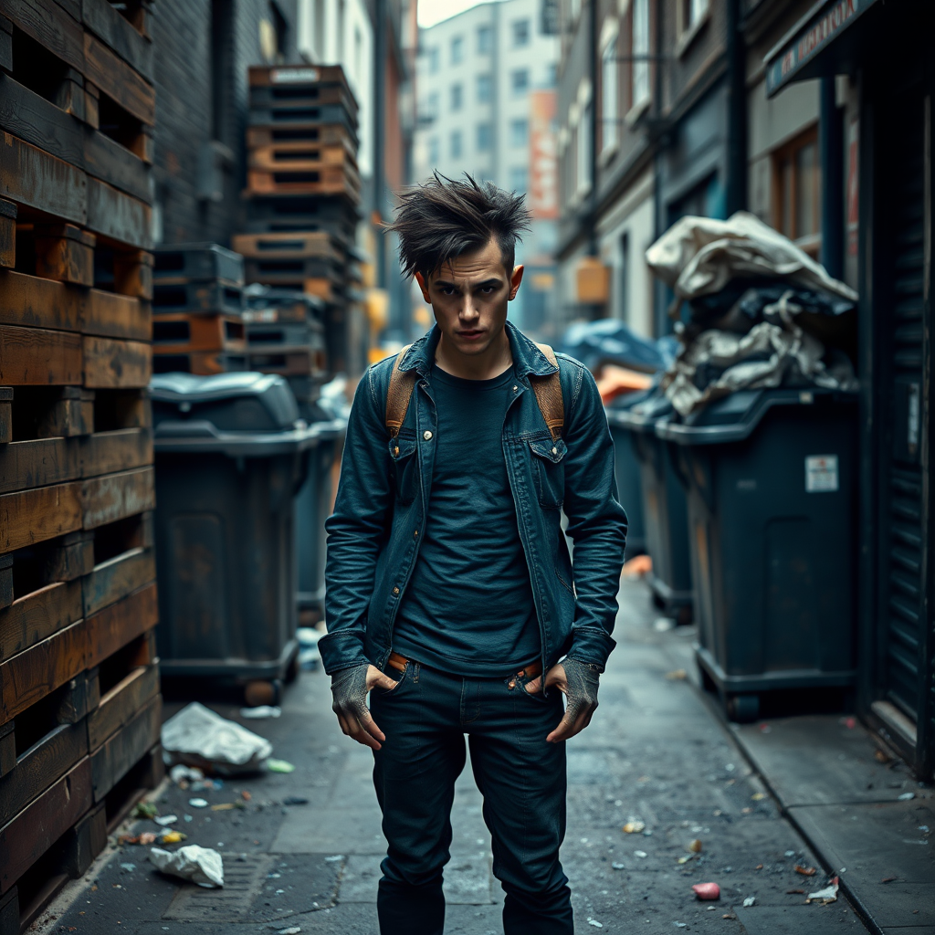 generate an ultra-realistic, highly detailed photograph of a punk. he's standing still, looking menacingly at the camera. he's in a narrow, dirty London street. there are wooden crates stacked up. overflowing rubbish bins, rubbish on the ground.