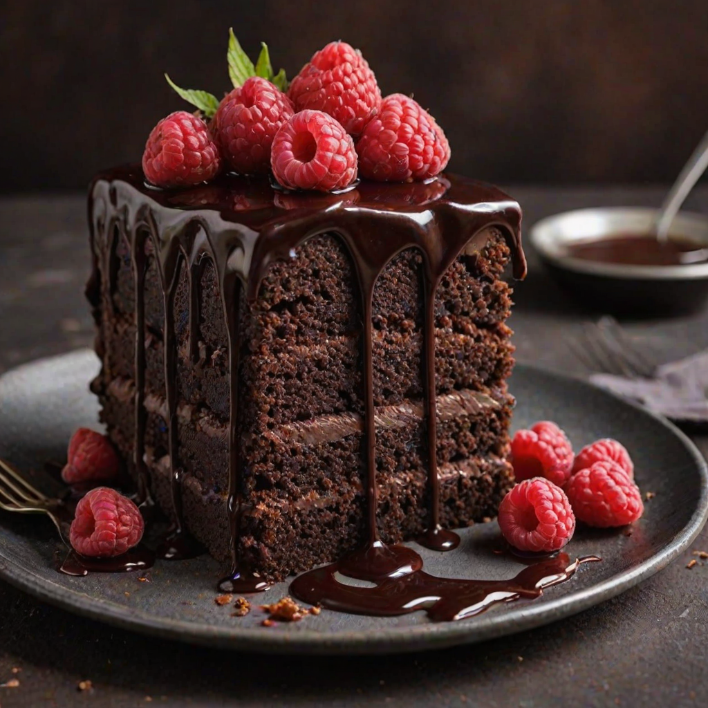 Create an image of a decadent slice of chocolate cake topped with fresh raspberries and drizzled with rich chocolate sauce. The background should be dark to enhance the cake's rich colors and textures.