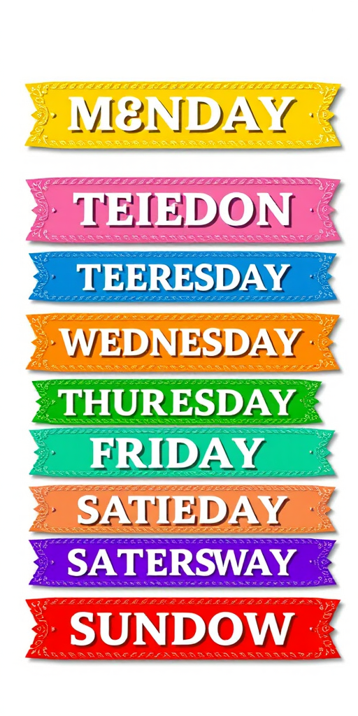 Create a colorful digital illustration of seven decorative banners for each day of the week, arranged vertically, using vibrant colors for each day: yellow for Monday, pink for Tuesday, green for Wednesday, orange for Thursday, blue for Friday, purple for Saturday, and red for Sunday, with bold white text on each banner, shot with a Canon EOS R5 at f/2.8, 1/250s, ISO 100, in a clean, bright studio setting to ensure high clarity and color saturation.