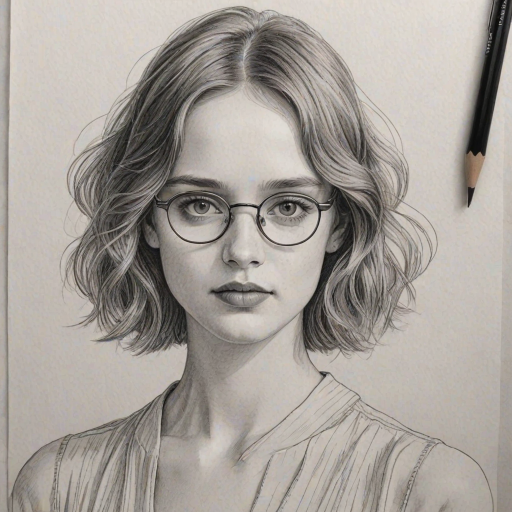 Gorgeous Maya Hawke, pencil sketch, portrait of Elegant woman 1932s in glasses, hair style beatnik, outline, clear lines, fine lines, 8k