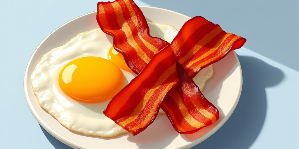 Create an illustration of a plate with two fried eggs and crispy bacon, with vibrant colors and detailed textures, captured in high resolution using a DSLR camera, 50mm lens, f/1.8 aperture, ISO 100, and natural light for enhanced clarity and contrast.