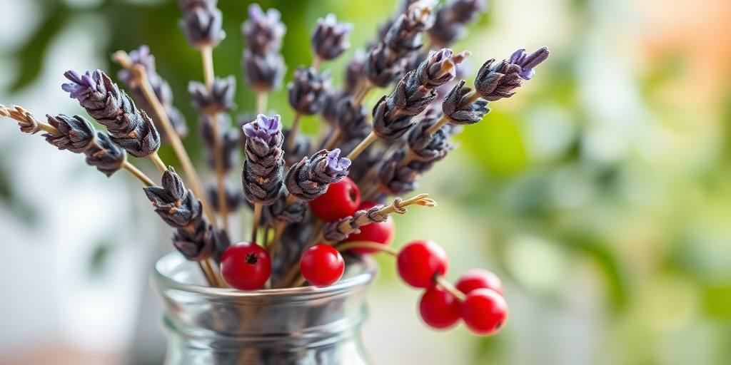 Close-up shot of a clear glass vase with dried lavender and red berries, soft focus background featuring greenery, natural light, aperture f/2.8, shutter speed 1/125 sec, ISO 200, DSLR camera, macro lens.