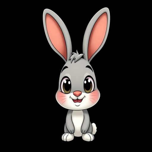 Create a cute cartoon rabbit character with large expressive eyes and a happy expression, set against a plain black background, using a Canon EOS 5D Mark IV camera with a 50mm f/1.8 lens, aperture set to f/2.8, ISO 100, and a shallow depth of field for enhanced focus on the character.