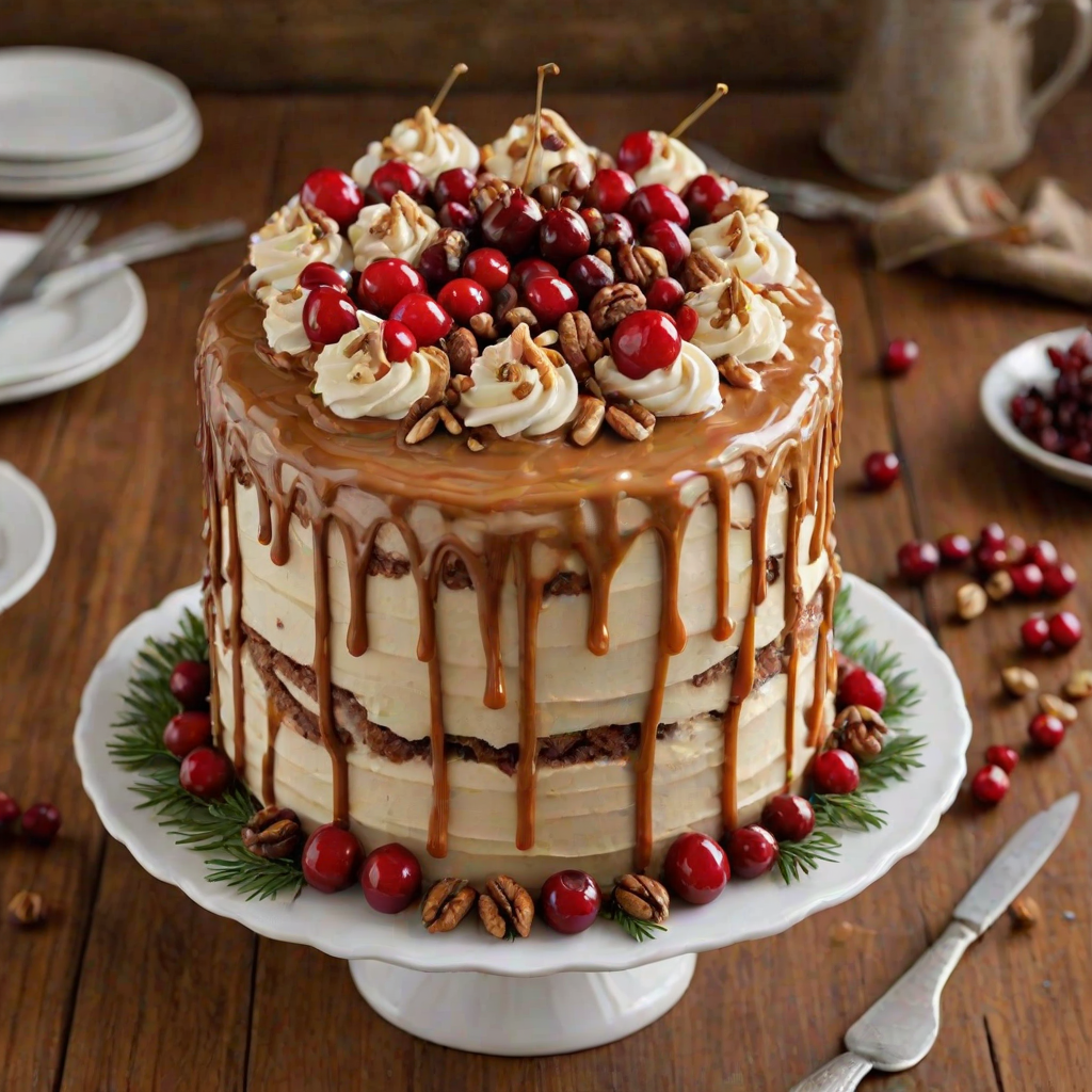 Create an image of a beautifully decorated cake. The cake should have a smooth buttercream frosting on the outside, drizzled with caramel sauce. The top should be adorned with a swirl of frosting and garnished with fresh cranberries and nuts. The cake should be partially sliced to reveal its moist interior, set against a rustic wooden background.