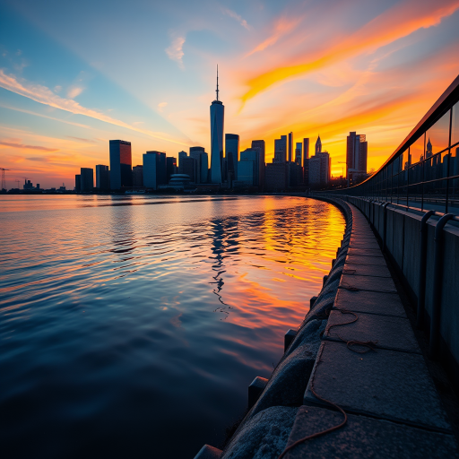 Capture a stunning sunset view of a modern city skyline reflecting on water, using a Canon EOS R5 with a 24-70mm f/2.8 lens, ISO 100, aperture f/11, shutter speed 1/15 sec, in HDR style to enhance colors and details.