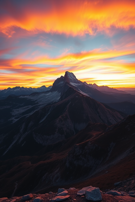 Create a high-resolution image of a serene mountain landscape during sunset, using a Canon EOS R5 with a 24-70mm f/2.8 lens, aperture set to f/8, ISO 100, shutter speed 1/125 sec, with a wide-angle view to capture the expansive scenery and vibrant colors of the sky.