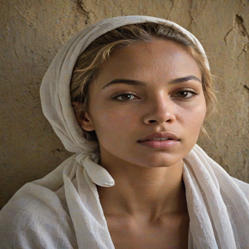 Create a close-up photographic image of a Creole woman with light skin tones shown against an old, worn wall. Their head is wrapped in a white cloth covering (i.e.... parts of the head except the nose and mouth, which are open as if they are screaming...), with a slight texture and visible folds in the fabric. Thin strands of blonde hair escape from the wrapping above, falling lightly at the top and sides. Their hands hold the fabric as if they are tugging nervously. The lighting is dramatic and even, casting strong shadows. The image has a minimalist and surreal style with an emphasis on simplicity with soft color tones. The composition is centered.