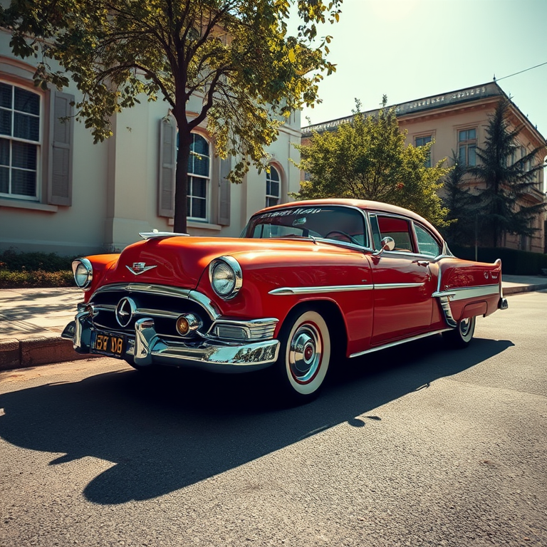 classic car parked in sunlight, high resolution, f/8 aperture, ISO 100, 1/200s shutter speed, 50mm lens, wide-angle view, DSLR camera