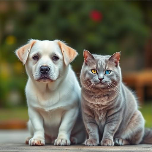 Generate a high-quality image of a white dog and a gray cat sitting together, focusing on vibrant colors and details, captured with a Canon EOS R5, 50mm lens, f/1.8 aperture, ISO 100, in natural light for a soft background blur.