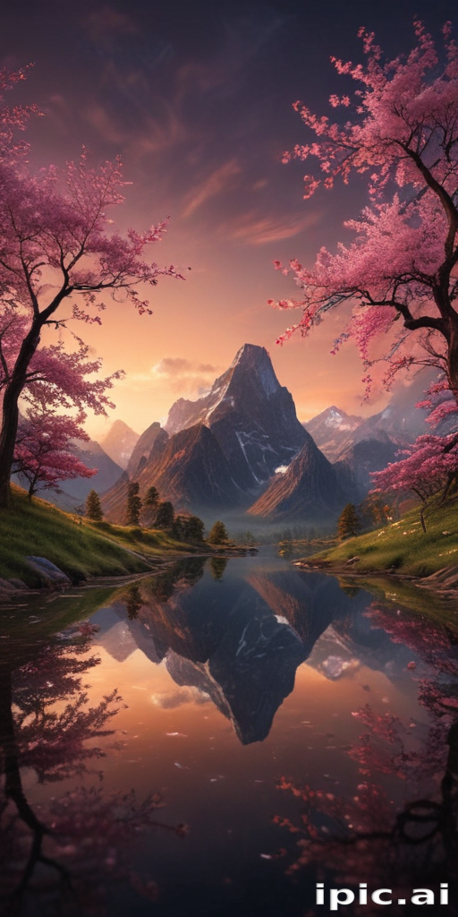Serene Mountain Landscape with Cherry Blossoms Reflecting in Calm Water