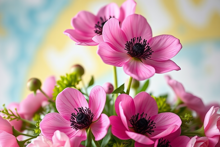 Create a vibrant floral arrangement featuring pink anemones and greenery on a bright abstract background, shot with a macro lens at f/2.8, ISO 100, using a DSLR camera with a shallow depth of field for enhanced detail and color saturation.