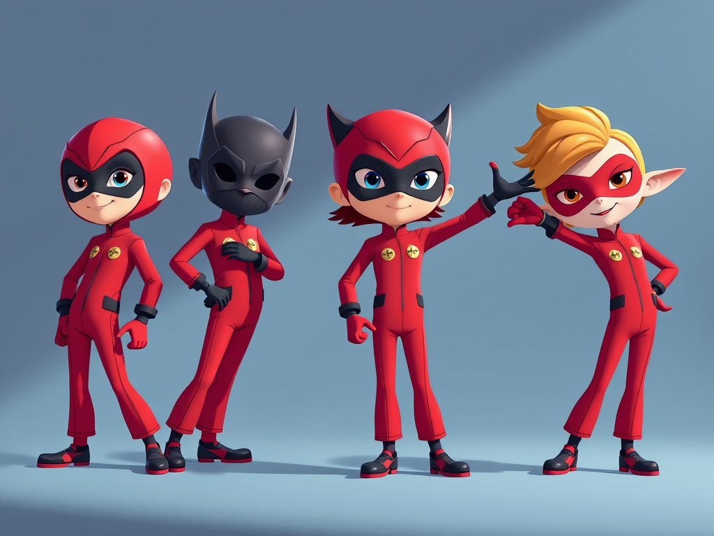 Design an illustration of four stylized characters in red jumpsuits with unique mask designs standing in playful poses, featuring a close-up view, sharp focus, high-resolution vector style, using an illustrative camera type with a 50mm lens, f/1.8 aperture, and soft lighting for enhanced vibrancy.