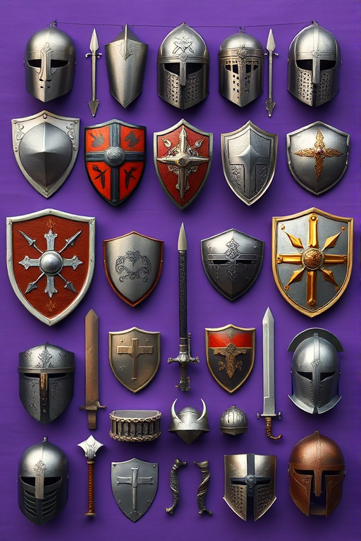 Create a pixel art image of various medieval armors, shields, and helmets arranged in a grid format on a solid purple background, using a high-quality digital camera with a macro lens at f/2.8 aperture, ISO 100, and a 50mm focal length for sharp details.