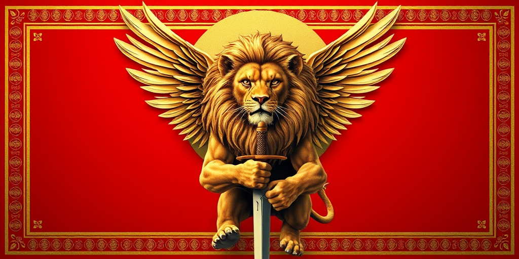 Create an enhanced image of a lion with wings holding a sword on a vibrant red background, featuring ornate gold borders and patterned stripes; camera settings: aperture f/8, ISO 100, shutter speed 1/125s; camera view: straight-on; camera style: high detail; camera type: DSLR.