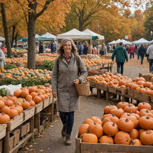 Small-town farmer's market in autumn, stalls overflowing with pumpkins, apples, and baked goods, a woman with a basket of fresh produce walks through the aisles.