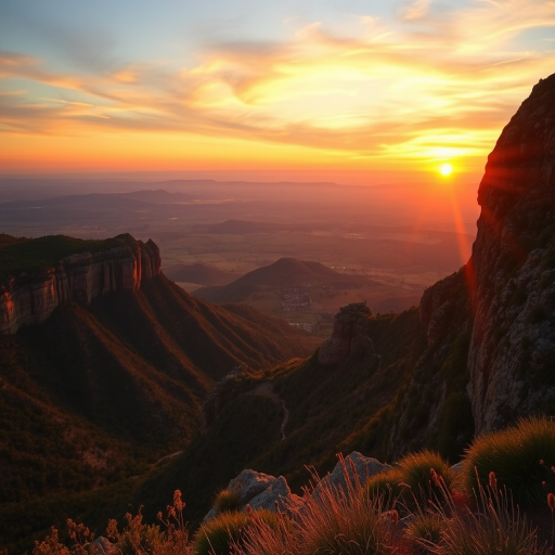Create a detailed landscape scene during golden hour with vibrant colors, use a DSLR camera with a 50mm lens, aperture f/1.8, ISO 100, shutter speed 1/200 sec, captured from a high vantage point for sweeping views.